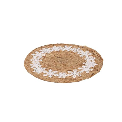 Blossom Bucket Printed White Snowflake Wreath Jute Candle Coaster, Small, 8.25-inch Diameter