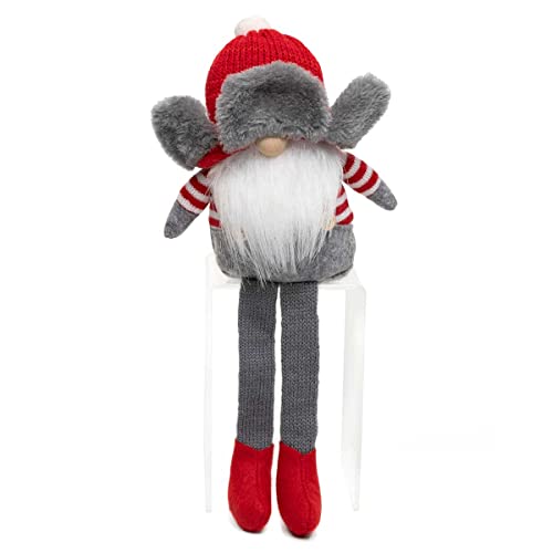 MeraVic Cousin Eddy Gnome with Red & Grey Flap Hat, Wood Nose, White Beard, Red & White Striped Shirt, Overalls with Buttons, Arms and Floppy Legs, 13 Inches - Christmas Decoration