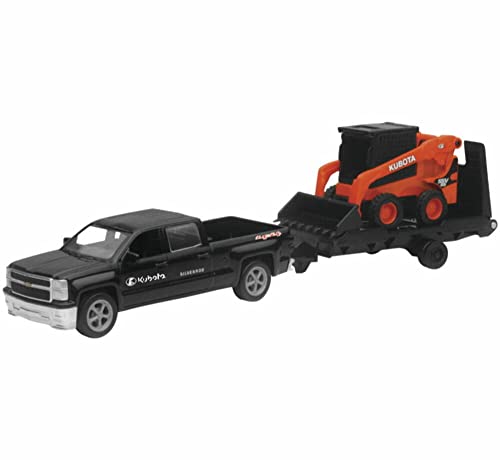 New Ray Toys NEW 10" NEWRAY KUBOTA COLLECTION - Kubota SSV65 Skid Steer with Black Ford F-250 Super Duty Pickup & Trailer (Orange, Black) Model By TOYS