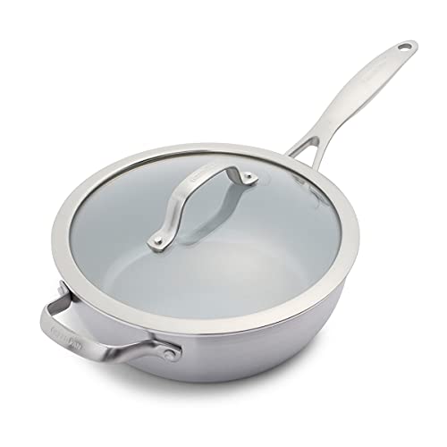 Cookware Company GreenPan CC000015-001 Venice Pro Stainless Steel 100% Toxin-Free Healthy Ceramic Nonstick Metal Utensil/Dishwasher/Oven Safe Covered Chef's Pan, 3.5-Quart, Light Grey