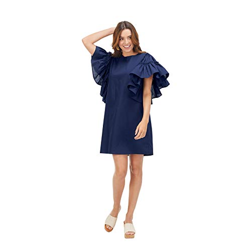 Mud Pie Women Navy Valencia Ruffle Sleeve Dress (Medium), Polyester