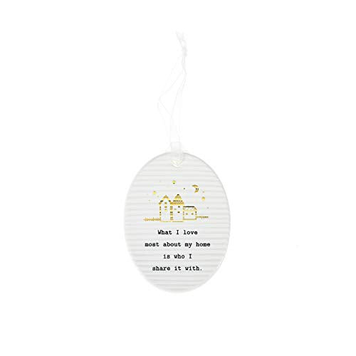 Pavilion Gift Company What I Love Most About My Home is Who I Share It with 3.5 Inch Oval White & Gold Porcelain Plaque with Ribbon, White