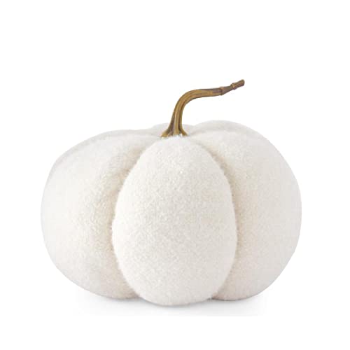 K&K Interiors Knit Pumpkin with Resin Stem, 10.75-Inch Diameter, Resin, Fuzzy White