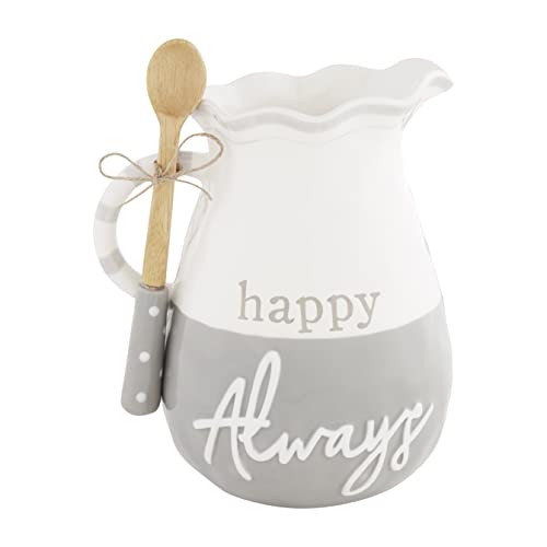Mud Pie Happy Always Pitcher Set, 70 oz, Spoon 9", Gray/White