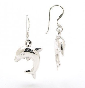 Silver Insanity Puffed 3D Sterling Silver Diving Dolphin Hook Earrings