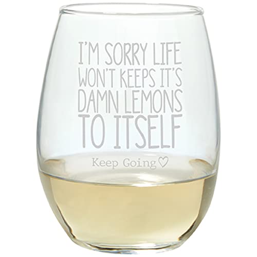 Carson Home 24953 Keep Going Collection Lemons Stemless Wine Glass, 17 oz