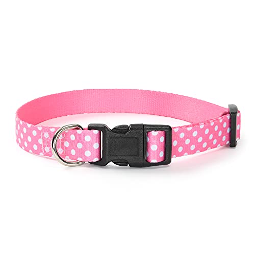 Mile High Life | Geometric Plaid Wave Line Pattern | Soft Poly Cotton Fabric | Black Buckle Dog Collar with D Ring| We Donate to Dog Rescues(Pink Dots, Medium)