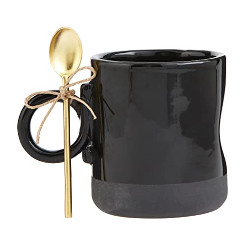 Mud Pie Stoneware Coffee Mug Set, mug 12 oz | spoon 4 1/2", Black