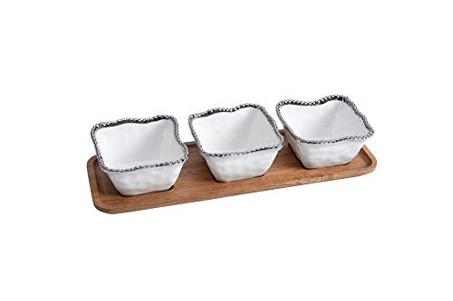 Pampa Bay Salerno - 3 Porcelain Bowls on Acacia Wood Tray