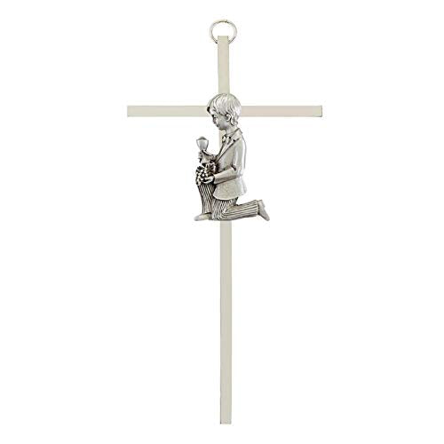 Christian Brands Nickel Plated Wall Cross Crucifix with Pewter Praying Child, Baptism Gifts for Boys, 7 Inch