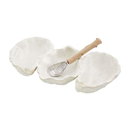 Mud Pie Oyster Shaped Triple Dip and Serving Set, 10.25" x 5.5", White