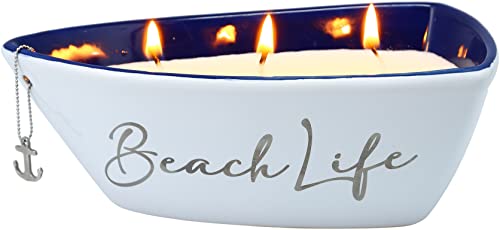 Pavilion Gift Company Beach Life-Triple Wick 10 oz 100% Soy Wax Scent: Fresh Linen with Silver Detail Accents. Candles, White