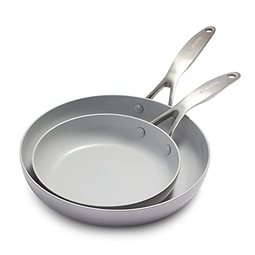 Cookware Company GreenPan CC000016-001 Venice Pro Stainless Steel 100% Toxin-Free Healthy Ceramic Nonstick Metal Utensil/Dishwasher/Oven Safe 8 & 10-Inch Frypan Set, 2-Piece, Light Grey