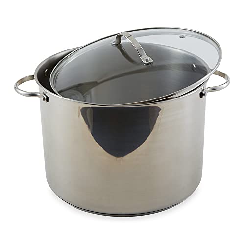 RSVP International Endurance Stock Pot Cookware w/ Lid, Stainless Steel, 12 Quart | Electric, Gas, & Induction Safe | Riveted Large Loop Handles |Dishwasher & Oven Safe