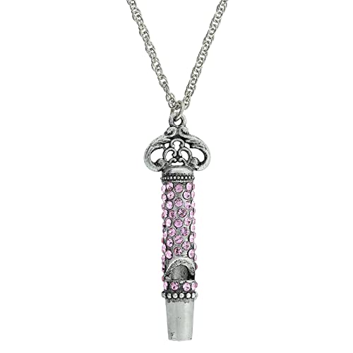 1928 Jewelry Women's Antiqued Matte Silver Functional European Light Rose Pink Pave Crystal Pendant Whistle Necklace 30"