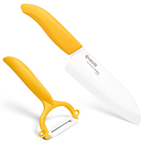 Kyocera FK140CP10NYL Revolution Series 5-1/2-Inch Santoku Knife and Y-Peeler Set, Yellow