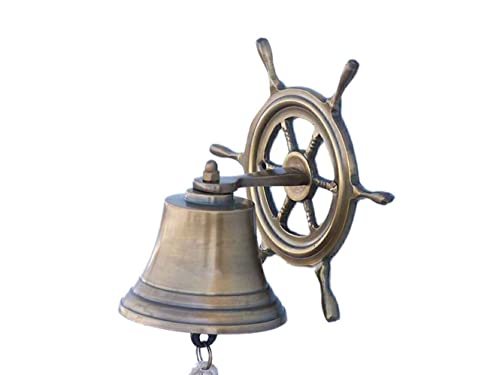 Hampton Iron Handcrafted Model Ships Antique Brass Hanging Ship Wheel Bell 7"- Nautical Bell- Brass Bells
