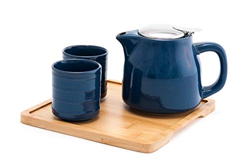 FMC Fuji Merchandise Colorful Ceramic 20 fl oz Teapot with Two Matching Cups and Bamboo Tray Tea Set (Blue)