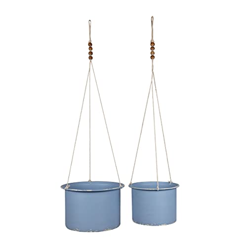 Foreside Home & Garden Set of 2 Hanging Planters Blue Metal, Wood & Cotton