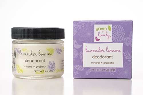 Green+Lovely Lavender Lemon Natural Deodorant, Mineral + Probiotic Formula. Vegan. 2-oz Jar.