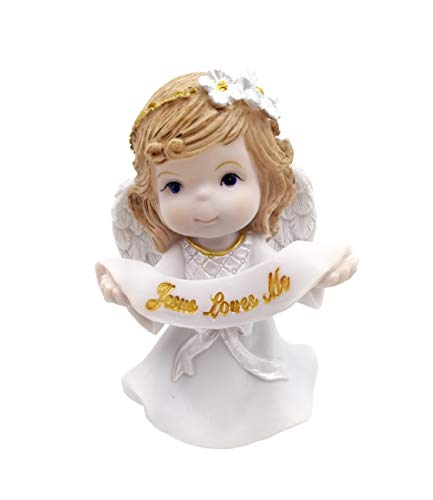 Comfy Hour Praying Girl Communion Collection Resin Brown Hair Girl Angel Holding Banner Jesus Loves Me Figurine Keepsake My First Communion