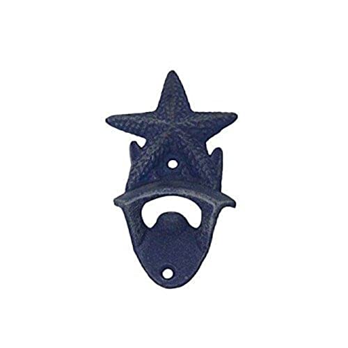 Hampton Iron Rustic Dark Blue Cast Iron Wall Mounted Starfish Bottle Opener 6" - Starfish Decoration - Starfish Wall Decor