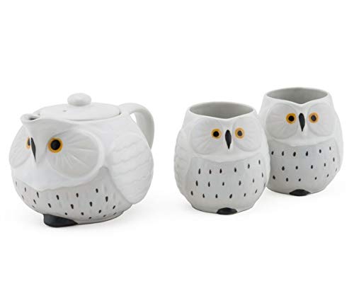 FMC Fuji Merchandise Cute Novelty Owl Design Ceramic Tea Pot with Strainer and 2 Cups Tea Set (White Owl)