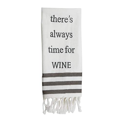 Foreside Home & Garden White 27 x 18 Inch Woven Time for Wine Kitchen Tea Towel with Hand Sewn Fringe