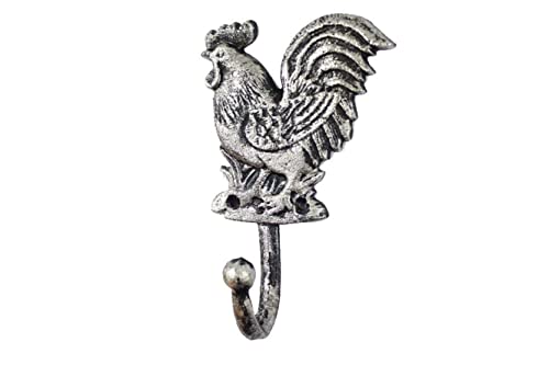 Hampton Iron Handcrafted Nautical Decor Rustic Silver Cast Iron Rooster Hook 7" - Rustic Wall Hook - Rooster Decoration