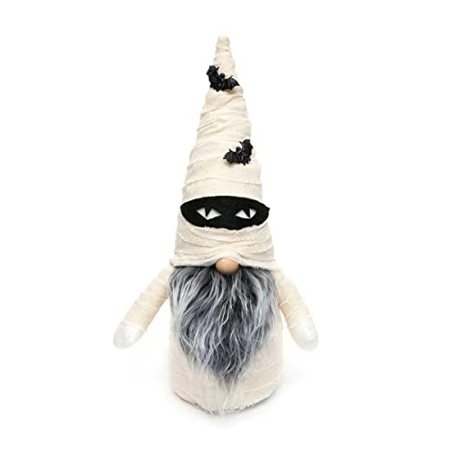 MeraVic Mummy Gnome Cream & Black with Wood Nose, Bats On Wired Hat, Black Mask, Grey Beard and Arms Large, 12.5 Inches - Halloween Decoration