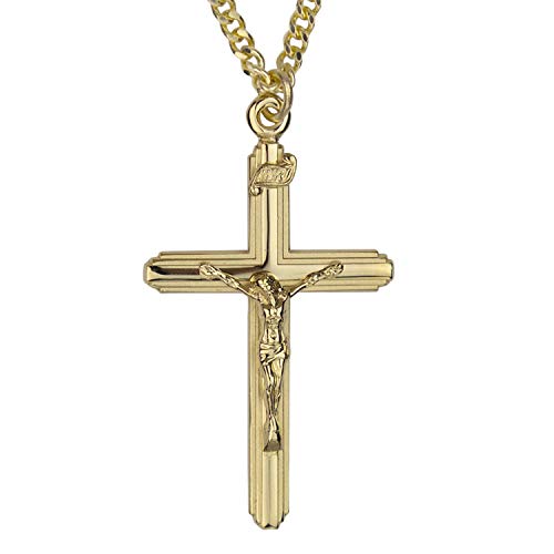 True Faith Jewelry 14KT Gold Plated Sterling Silver Jesus Crucifix Cross Pendant Necklace Religious Jewelry, 1 1/2 Inch