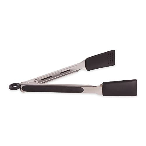 RSVP International Endurance Kitchen Utensil Collection Stainless Steel Locking Tongs for Cooking, 10.75" Length, Square Tip, Black Non-Slip Silicone