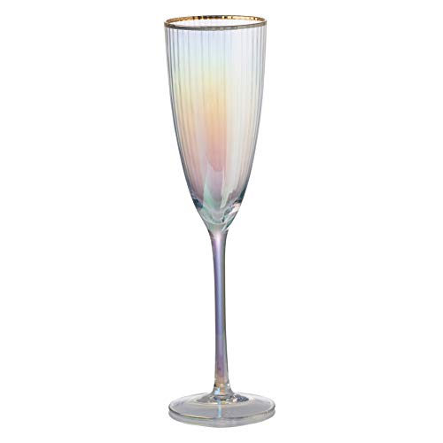 A&B Home Iridescent Ribbed Champagne Flute with Gold Rim - Iridescent and Gold Finish