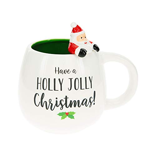Pavilion Gift Company Have A Holly Jolly Christmas & Santa 15.5 Oz Unique Shaped Large Coffee Cup Mug For The Holidays Or Winter, White