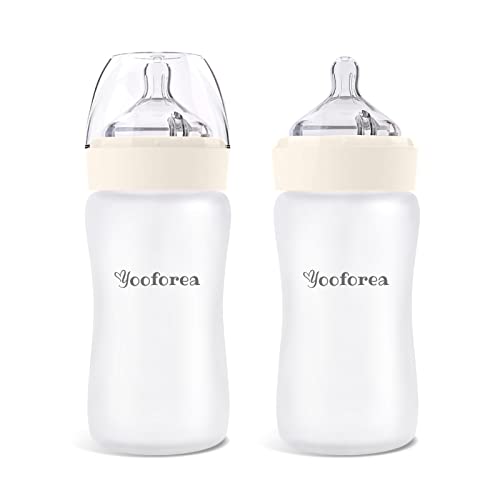 Yooforea Silicone Coated Glass Baby Bottle, 6M+ Fast Flow Nipple I Anti-Colic, Wide Neck, Stable Base I Medical-Grade Silicone Coating for Shatter Protection, BPA BPS PVC Free (2 Pack, 9 Ounce-Cream)