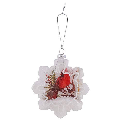 Regency International Red Cardinal On White Glittered Snowflake 5 inch Glass Decorative Hanging Ornament