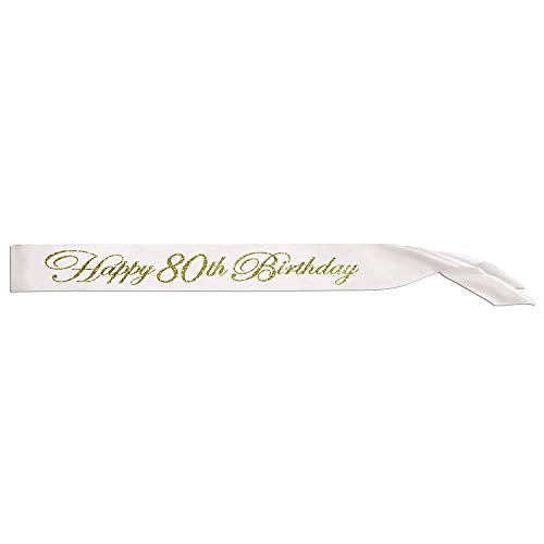 Beistle White"Happy 80th Birthday" Glittered Satin Sash - 1pc