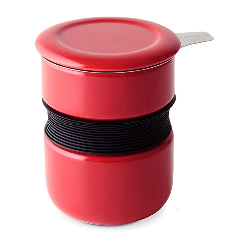 FORLIFE Curve Asian Style Tea Cup with Infuser and Lid 12 ounces, Red