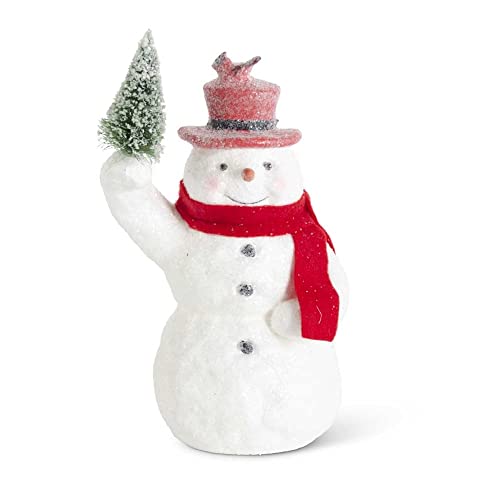 K&K Interiors 54848A Sugar Glittered Snowman Holding a Tree with Red Top Hat and Scarf, 10.25-inch Height