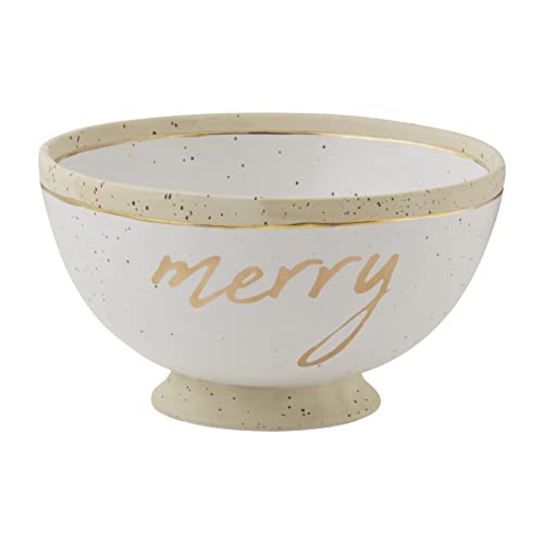 Mud Pie Merry Speckled Christmas Stoneware Serving Bowl, White/Gold, 13" x 9", Paulownia Wood