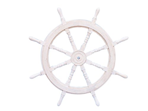 Hampton Iron Classic Wooden Whitewashed Decorative Ship Steering Wheel 36" - Nautical Home Decoration