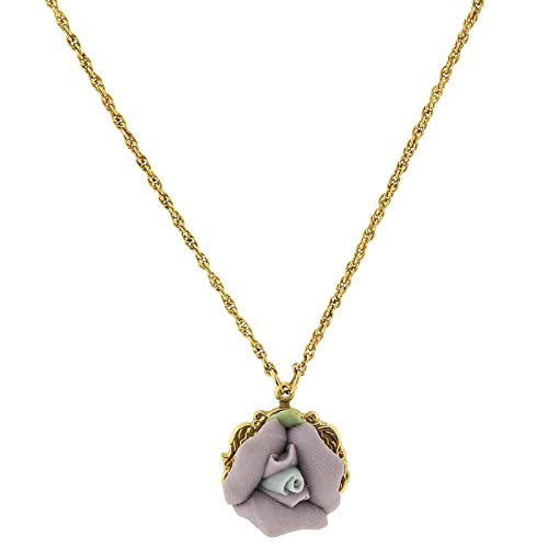 1928 Jewelry Gold-Tone Lavender Purple Porcelain Rose Pendant Necklace, 16" + 3" Extender