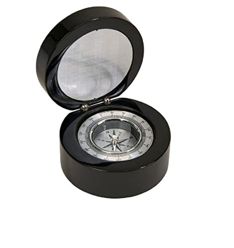 Creative Gifts 069255 Black Round Wood Box with Compass and Engraving Plate