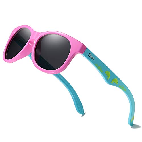 Duco Cute Polarized Kids Sunglasses for Girls Boys Flexible Shades 100% UV Protection Age 5-10 K018 (Pink Frame Blue Temple)