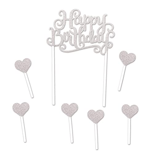 Beistle Silver Glitter Happy Birthday Cake Topper - 1 Pc