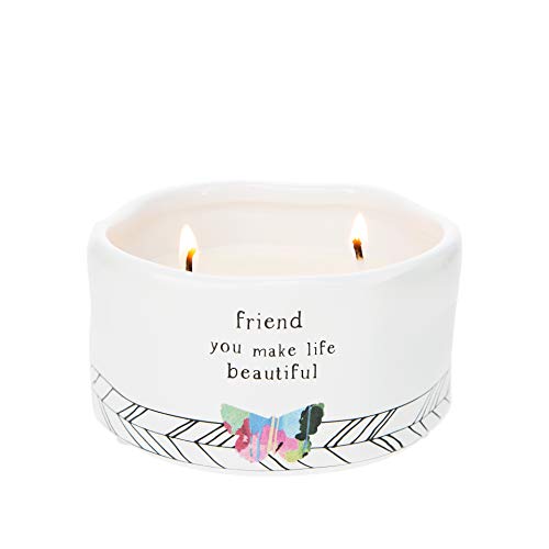 Pavilion Gift Company Friend You Make Life Beautiful Double Butterfly Candle in Ceramic with 100% Soy Wax & Cotton Wicks-Tranquility Scent, White
