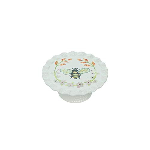 Transpac A5108 Honey Bee Tea Co. Cake Stand, 8-inch Diameter, Dolomite
