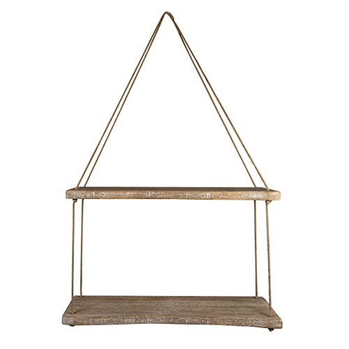 Foreside Home & Garden Natural Wood & Jute Distressed Hanging Wall Shelf