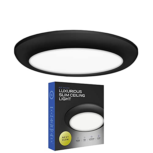Next Glow Flush Mount LED Ceiling Light 6.5 inches 16W 1100 Lumen Dimmable Surface LED Light Fixture for Closet Kitchen Bedroom Ceiling Lights Round Black 4000K Natural White, Easy Installation