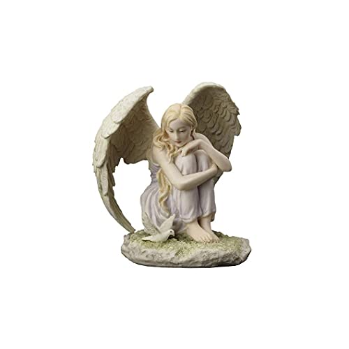 Unicorn Studio 5.12 Inch Poly Stone Angel Sitting Looking at Dove Figurine Statue